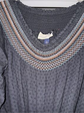 Universal Thread Navy Crewneck Sweater with Blue and Brown Embroidered Yoke